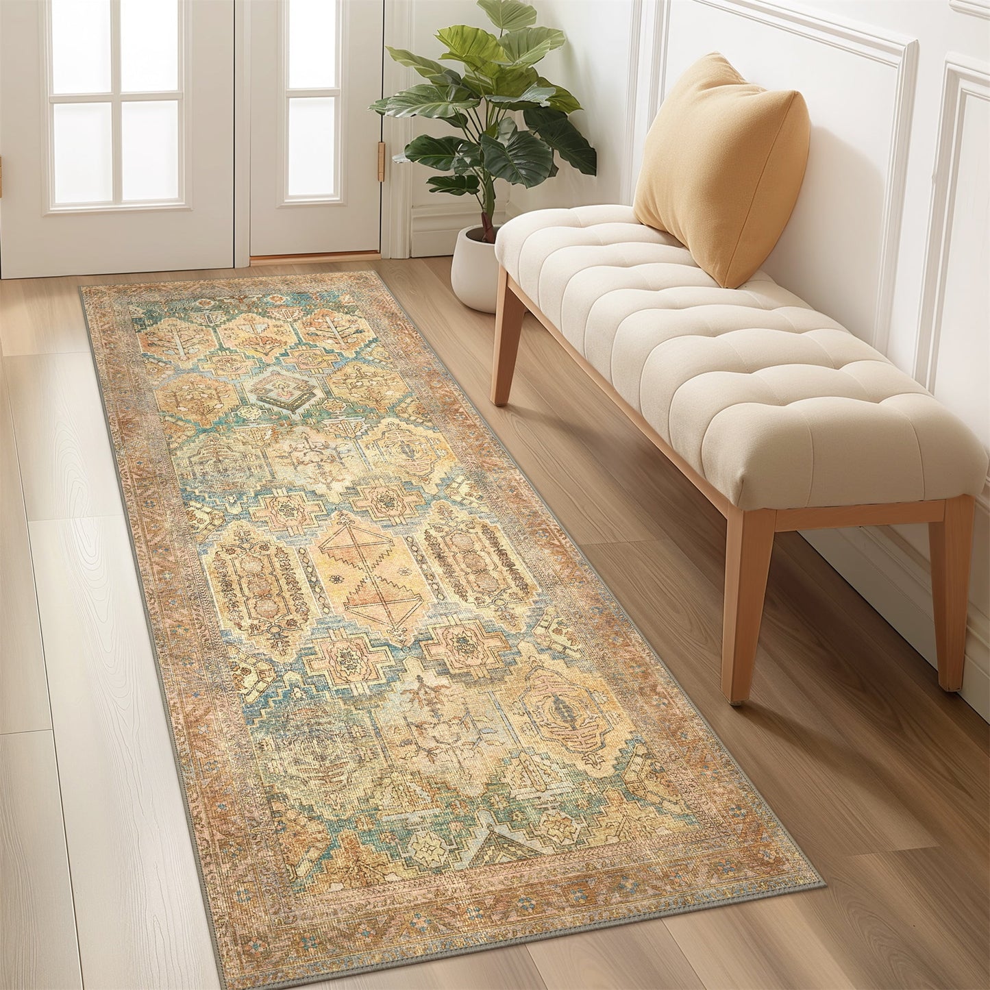 KUETH Area Rug 2'x5' Non Slip Hallway Runner Rug, Ultra-thin Machine Washable Vintage Low Pile Rugs for Living Room, Entryway, Bedroom, Kitchen and Corridor