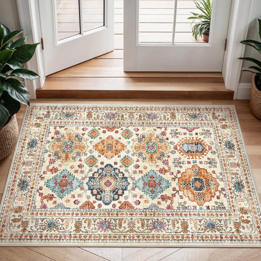 KUETH 2'x3' Area Rugs for Living Room, Non Slip Machine Washable Vintage Indoor Rug, Ultra Thin Chenille Print Rug for Bedroom Dining Room Home Office