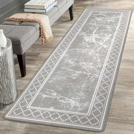 KUETH 2'x5' Area Rugs for Living Room, Non-Slip Washable Vintage Indoor Rugs Suitable for Bedroom, Geometric Print Carpet Chenille Mat Kitchen Bathroom Dining Room (Gray/White)