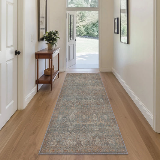 KUETH 2'x7' Area Rugs for Living Room, Non Slip Machine Washable Vintage Indoor Rug, Ultra Thin Chenille Print Rug for Bedroom Dining Room Home Office