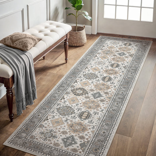 KUETH 2'x7' Area Rugs for Living Room, Non Slip Machine Washable Vintage Indoor Rug, Ultra Thin Chenille Print Rug for Bedroom Dining Room Home Office