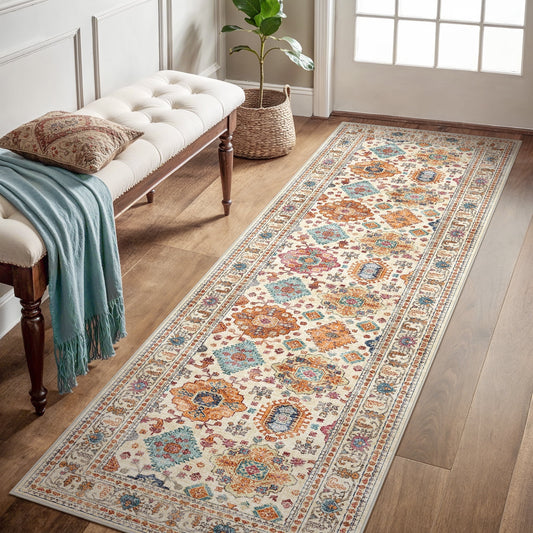 KUETH 2'x7' Area Rugs for Living Room, Non Slip Machine Washable Vintage Indoor Rug, Ultra Thin Chenille Print Rug for Bedroom Dining Room Home Office