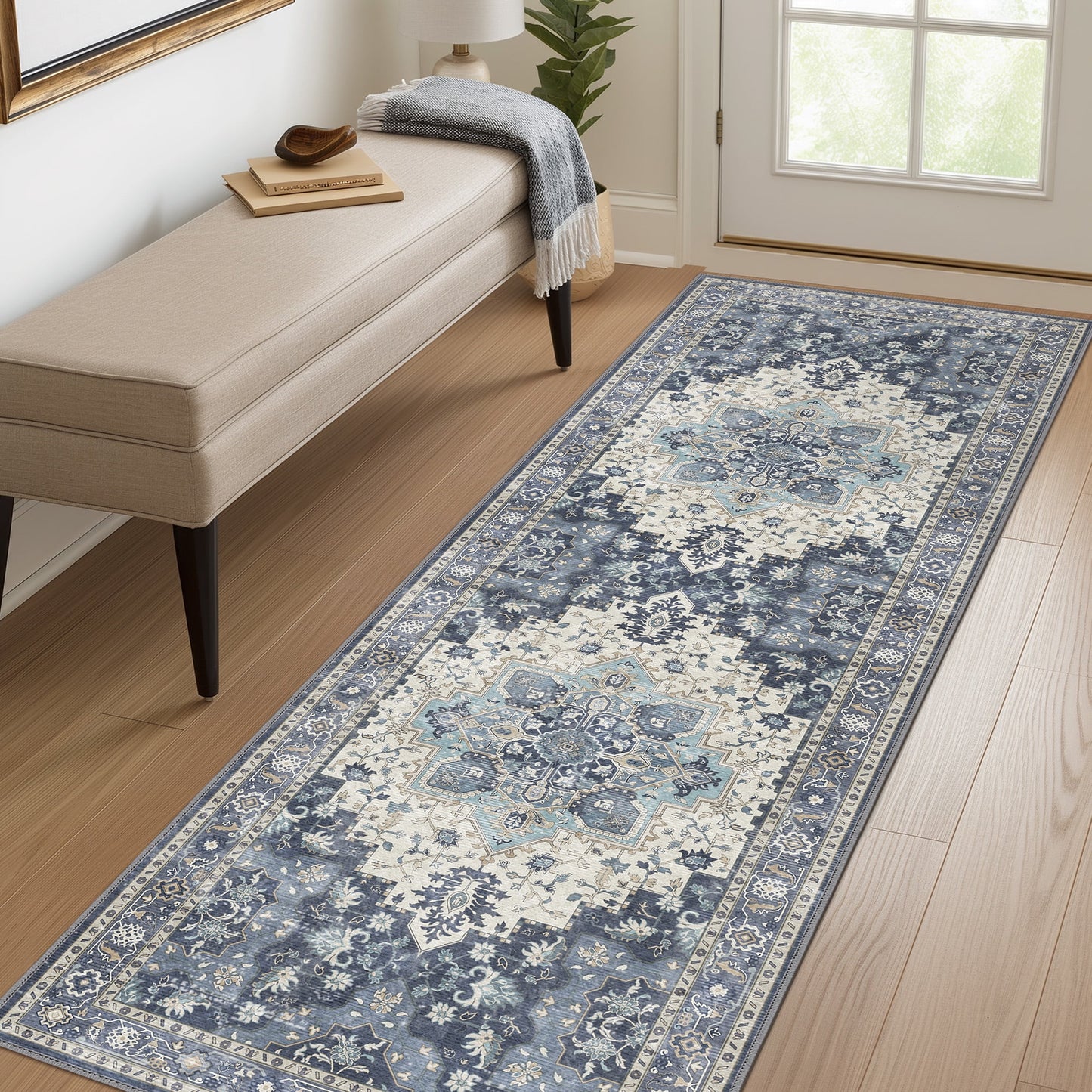 KUETH 2'x7' Area Rugs for Living Room, Non Slip Machine Washable Vintage Indoor Rug, Ultra Thin Chenille Print Rug for Bedroom Dining Room Home Office