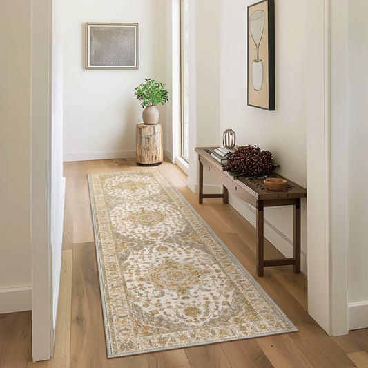 KUETH 2'x7' Area Rugs for Living Room, Non Slip Machine Washable Vintage Indoor Rug, Ultra Thin Chenille Print Rug for Bedroom Dining Room Home Office