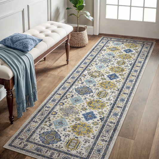 KUETH 2'x7' Area Rugs for Living Room, Non Slip Machine Washable Vintage Indoor Rug, Ultra Thin Chenille Print Rug for Bedroom Dining Room Home Office