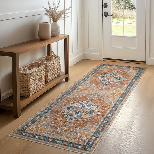 KUETH 2'x7' Area Rugs for Living Room, Non Slip Machine Washable Vintage Indoor Rug, Low Pile Print Rug for Bedroom Dining Room Home Office