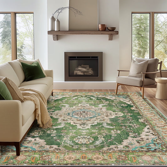 KUETH 2'x7' Area Rugs for Living Room, Non Slip Machine Washable Vintage Indoor Rug, Low Pile Print Rug for Bedroom Dining Room Home Office