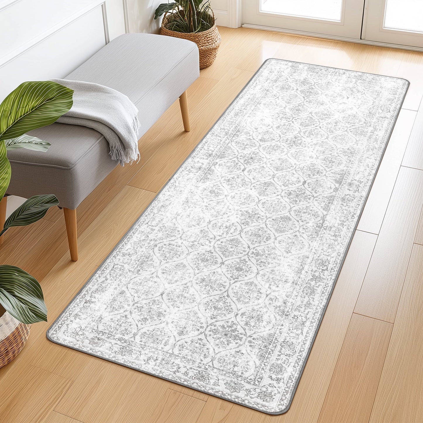 KUETH 2x10 Area Runner Rugs for Entryway Entrance Kitchen Bathroom, Machine Washable Stain Resistant Non-Shed, Long Print Vintage Door, Low Pile with Non Slip Backing, Distressed Cream/Gray