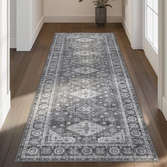 KUETH 2x10 Runner Rugs for Entryway Front Entrance Kitchen Bathroom, Machine Washable Stain Resistant Floor Cover, Print Vintage Boho Tribal Aesthetic Mat, Low Pile with Non Slip Rubber Backing