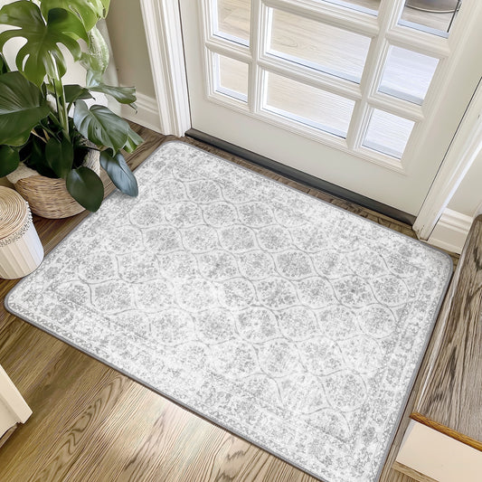 KUETH 2x3 Area Rugs for Entryway Entrance Kitchen Bathroom, Machine Washable Stain Resistant Non-Shed Mat, Small Print Vintage Door Mat, Low Pile with Non Slip Backing, Distressed Cream/Gray
