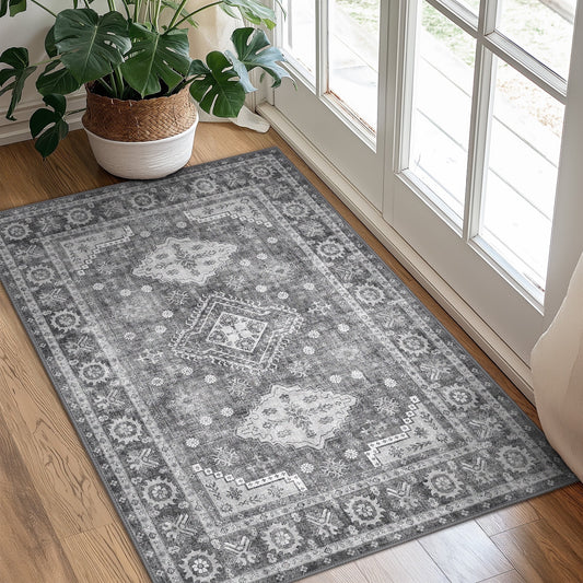 KUETH 2x3 Area Rugs for Entryway Front Entrance Bathroom, Machine Washable Stain Resistant Floor Cover, Small Print Vintage Boho Tribal Aesthetic Mat, Low Pile with Non Slip Rubber Backing