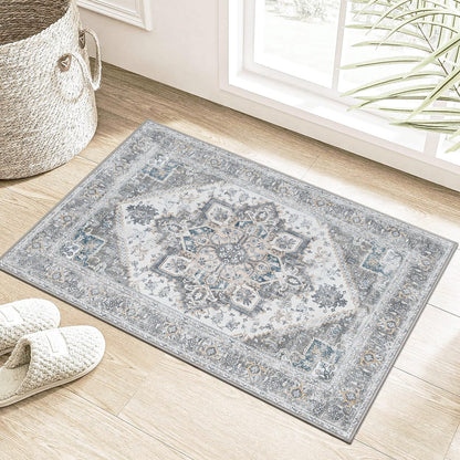 KUETH 2x3 Area Rugs for Living Room Bedroom, Machine Washable Stain Resistant Floor Cover, Print Gray Floral Medallion Large Accent, Low Pile Mat with Non Slip Rubber Backing, Distressed Gray