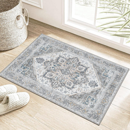KUETH 2x3 Area Rugs for Living Room Bedroom, Machine Washable Stain Resistant Floor Cover, Print Gray Floral Medallion Large Accent, Low Pile Mat with Non Slip Rubber Backing, Distressed Gray