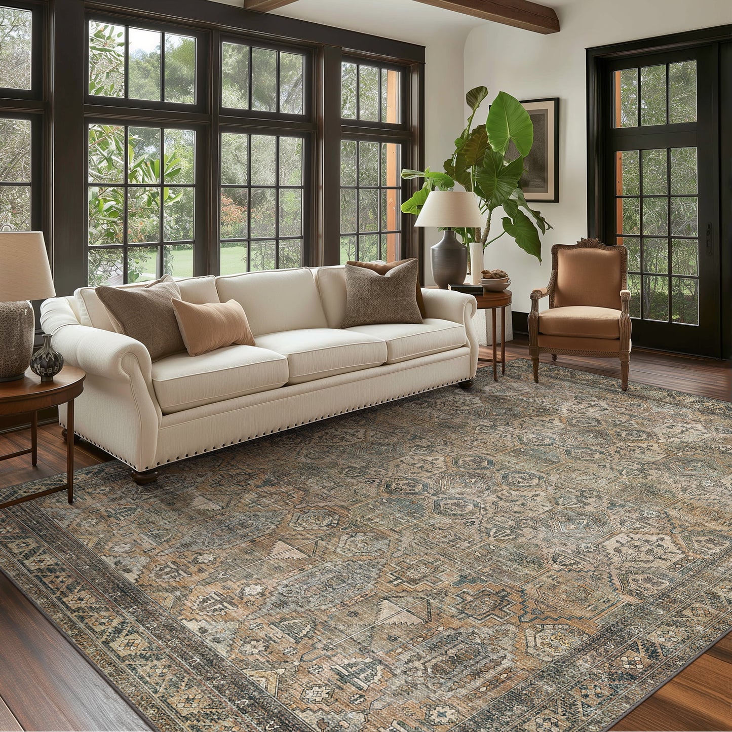 KUETH 3'x5' Area Rugs for Living Room, Non Slip Machine Washable Vintage Indoor Rug, Low Pile Chenille Print Rug for Bedroom Dining Room Home Office