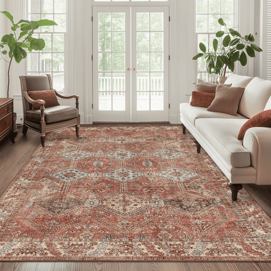 KUETH 3'x5' Area Rugs for Living Room, Non Slip Machine Washable Vintage Indoor Rug, Low Pile Chenille Print Rug for Bedroom Dining Room Home Office