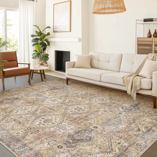 KUETH 3'x5' Area Rugs for Living Room, Non Slip Machine Washable Vintage Indoor Rug, Low Pile Print Rug for Bedroom Dining Room Home Office