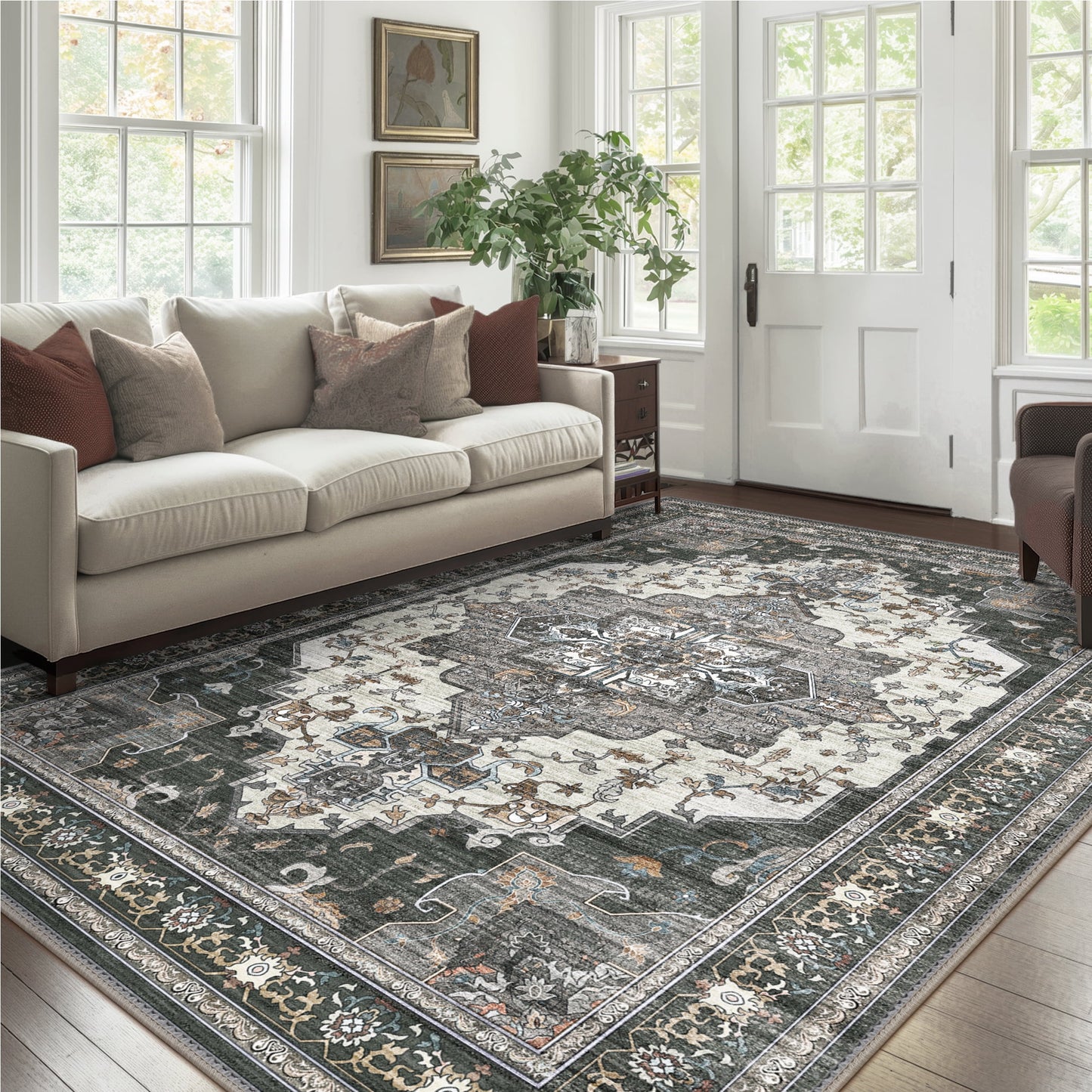 KUETH 3'x5' Area Rugs for Living Room, Non Slip Machine Washable Vintage Indoor Rug, Low Pile Print Rug for Bedroom Dining Room Home Office