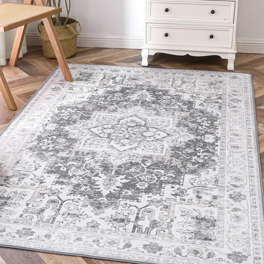 KUETH 3'x5' Area Rugs for Living Room, Non-Slip Machine Washable Vintage Retro Rug, Low Pile Chenille Print Rug for Bedroom Dining Room Home Office