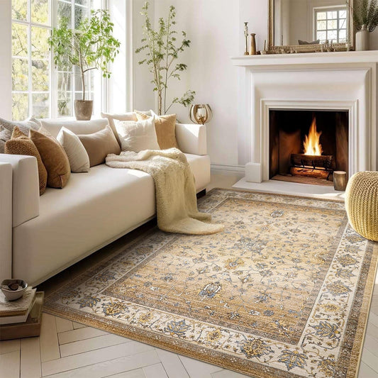KUETH 3x5 Area Rugs for Living Room Bedroom, Machine Washable Print Soft Floor Cover, Vintage Stain Resistant Aesthetic Apricot Carpet, Medium Pile Mat with Non Slip Rubber Backing