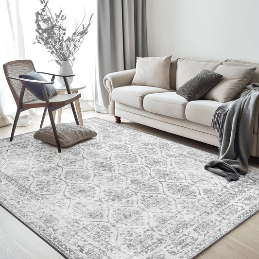 KUETH 3x5 Area Rugs for Living Room Bedroom, Machine Washable Stain Resistant Non-Shed Carpet, Print Vintage Floral Floor Cover, Low Pile Mat with Non Slip Backing, Distressed Cream/Gray