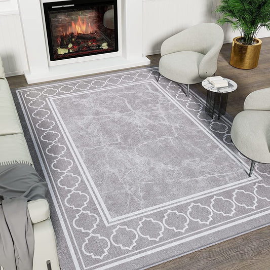 KUETH 4'x6' Area Rugs for Living Room, Non-Slip Washable Vintage Indoor Rugs Suitable for Bedroom, Geometric Print Carpet Chenille Mat Kitchen Bathroom Dining Room (Gray/White)