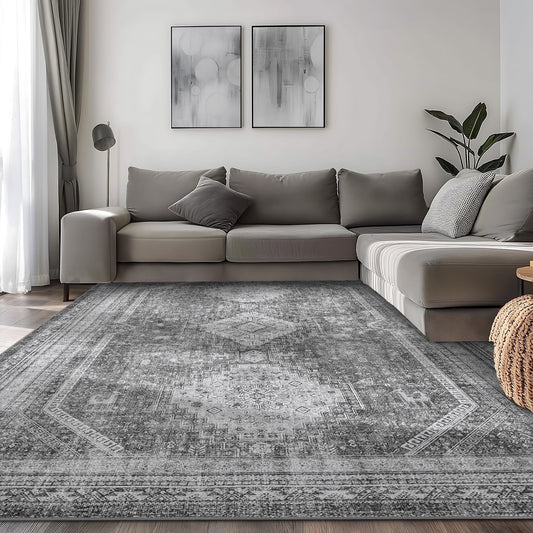 KUETH 4'x6' Rugs for Living Room, Non Slip Machine Washable Indoor Small Rug, Low Pile Chenille Carpet for Bedroom Dining Room Home Office Kitchen, Gray