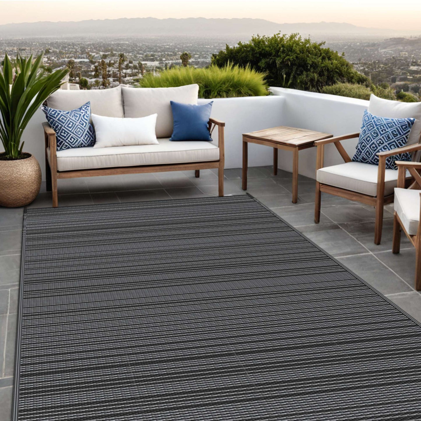 KUETH 5'x 8' Outdoor Waterproof Rug Camping Mat Patio Carpet,Black&Gray