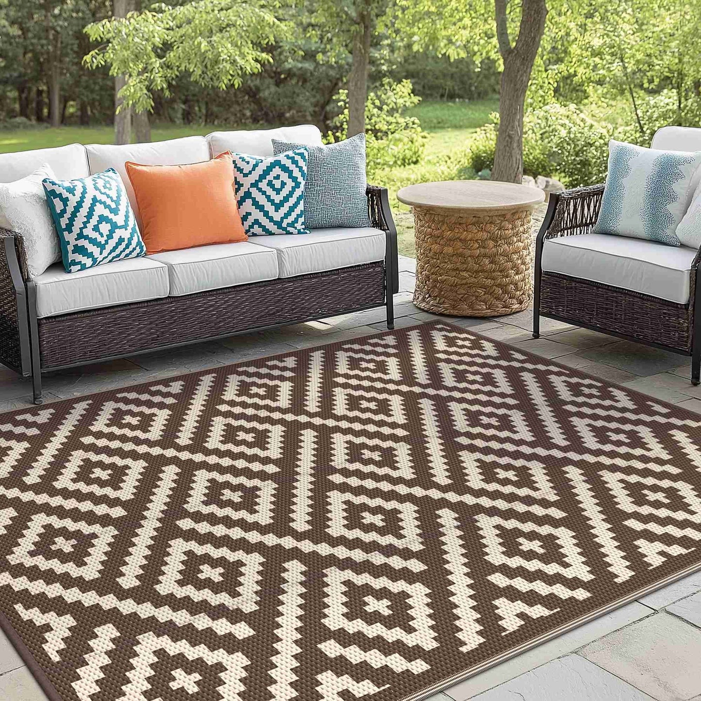KUETH 5' x 8' Outdoor Waterproof Rug Camping Mat Patio Carpet,COFFEE & BEIGE