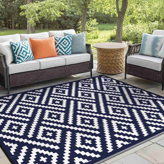 KUETH 5' x 8' Outdoor Waterproof Rug Camping Mat Patio Carpet,Navy Blue & White