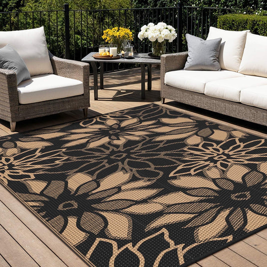 KUETH 5'x8' Outdoor Rug Waterproof Plastic Reversible Patio Camping Outside Carpet,Black Brown