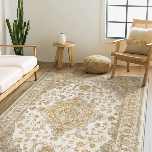 KUETH 5'x7' Area Rugs for Living Room, Non Slip Machine Washable Vintage Indoor Rug, Ultra Thin Chenille Print Rug for Bedroom Dining Room Home Office