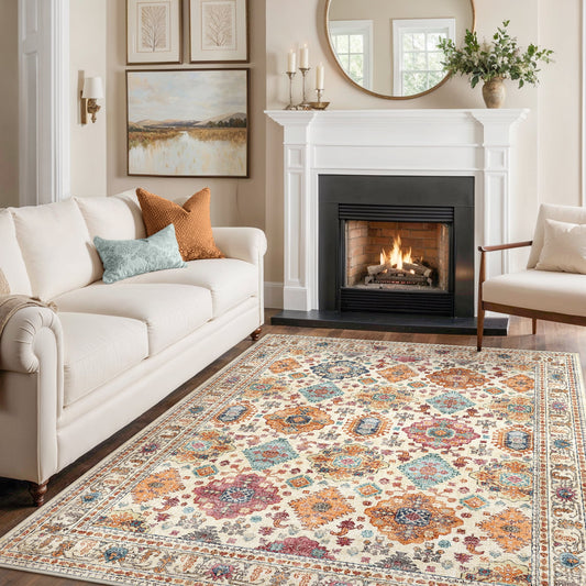 KUETH 5'x7' Area Rugs for Living Room, Non Slip Machine Washable Vintage Indoor Rug, Ultra Thin Chenille Print Rug for Bedroom Dining Room Home Office