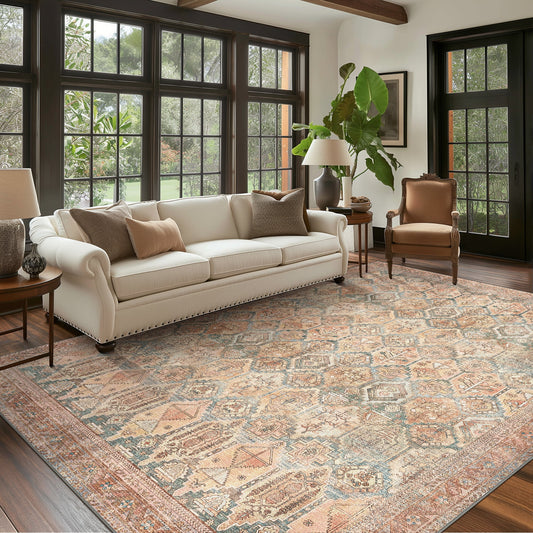 KUETH 5'x7' Area Rugs for Living Room, Ultra-thin Non Slip Machine Washable Vintage Indoor Rug, Low Pile Chenille Print Rug for Bedroom Dining Room Home Office