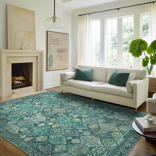 KUETH 5'x7' Area Rugs for Living Room, Ultra-thin Non Slip Machine Washable Vintage Indoor Rug, Low Pile Chenille Print Rug for Bedroom Dining Room Home Office