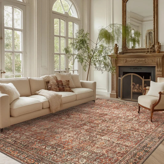 KUETH 5'x7' Area Rugs for Living Room, Non Slip Machine Washable Vintage Indoor Rug, Low Pile Chenille Print Rug for Bedroom Dining Room Home Office