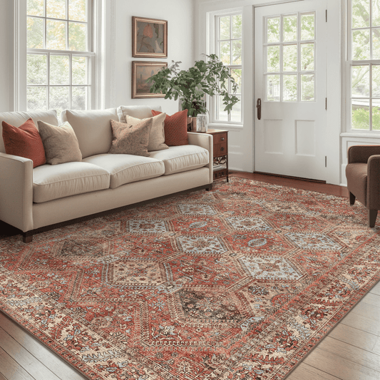 KUETH 5'x7' Area Rugs for Living Room, Non Slip Machine Washable Vintage Indoor Rug, Low Pile Chenille Print Rug for Bedroom Dining Room Home Office