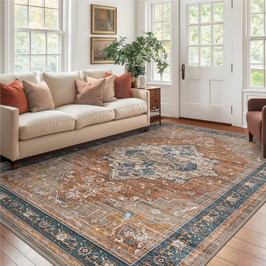 KUETH 5'x7' Area Rugs for Living Room, Non Slip Machine Washable Vintage Indoor Rug, Low Pile Print Rug for Bedroom Dining Room Home Office