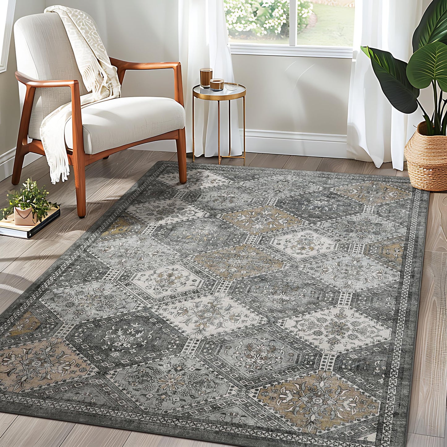 KUETH 5x7 Area Rugs for Living Room Bedroom, Machine Washable Stain Resistant Non-Shed Carpet, Low Pile Mat with Non Slip Backing
