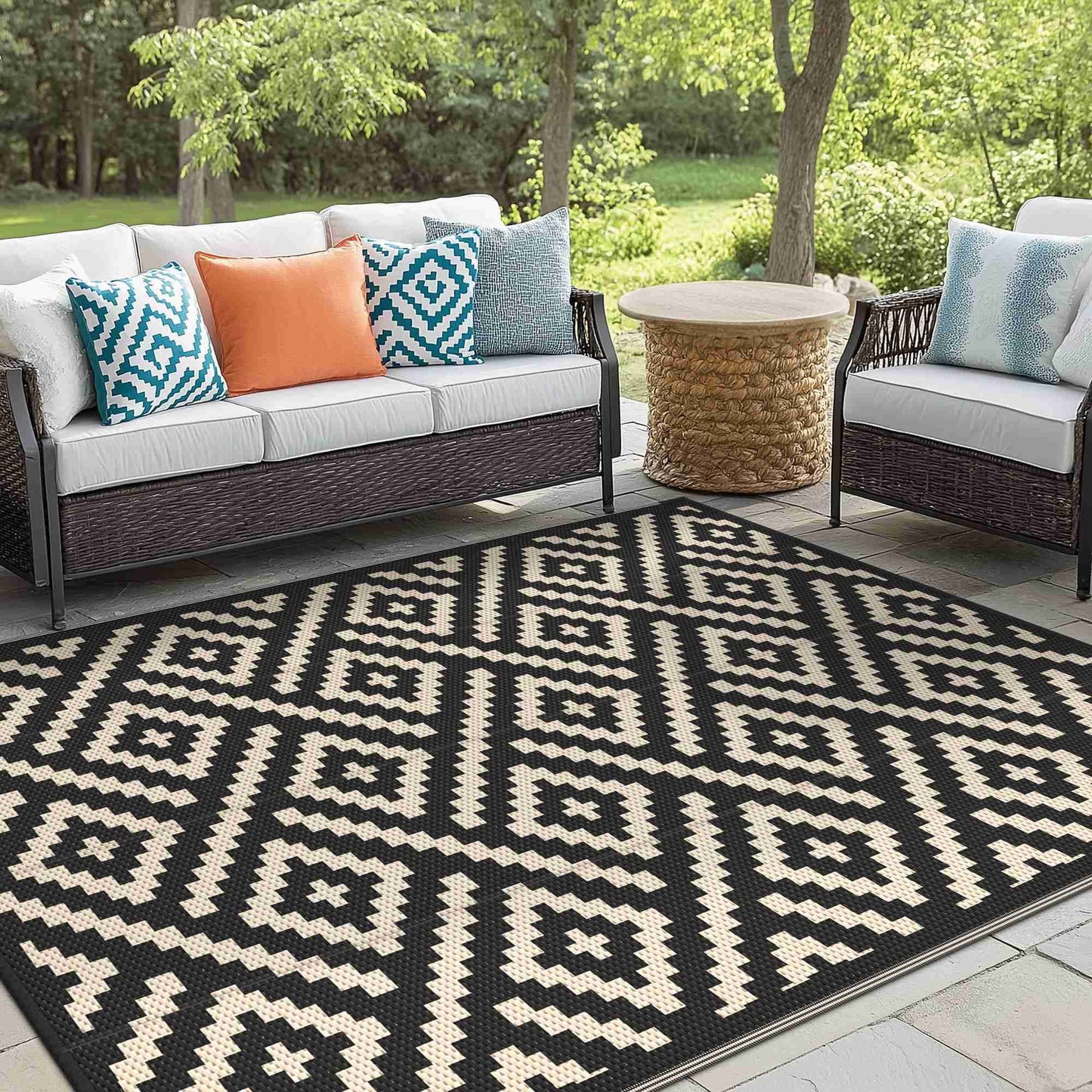 KUETH 6'x 9'Outdoor Waterproof Rug Camping Mat Patio Carpet,Black & Beige