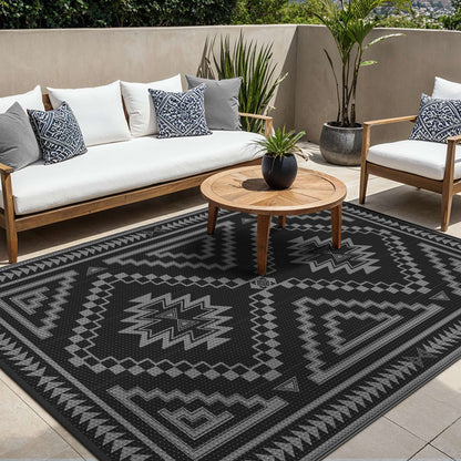 KUETH 6' x 9' Outdoor Waterproof Rug Camping Mat Patio Carpet,Black & Gray