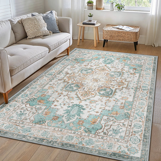 KUETH 6'x9' Area Rugs for Living Room, Ultra Thin Non Slip Machine Washable Vintage Indoor Rug, Flat Pile Chenille Print Rug for Bedroom Dining Room Home Office