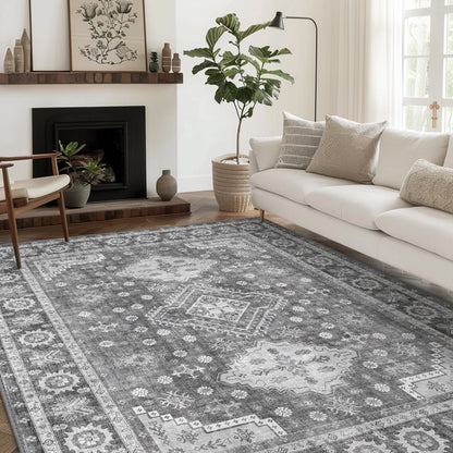 KUETH 6x9 Area Rugs for Bedroom Living Room, Machine Washable Stain Resistant Floor Cover, Large Print Boho Vintage Tribal Aesthetic Carpet, Low Pile Mat with Non Slip Rubber Backing, Distressed Gray
