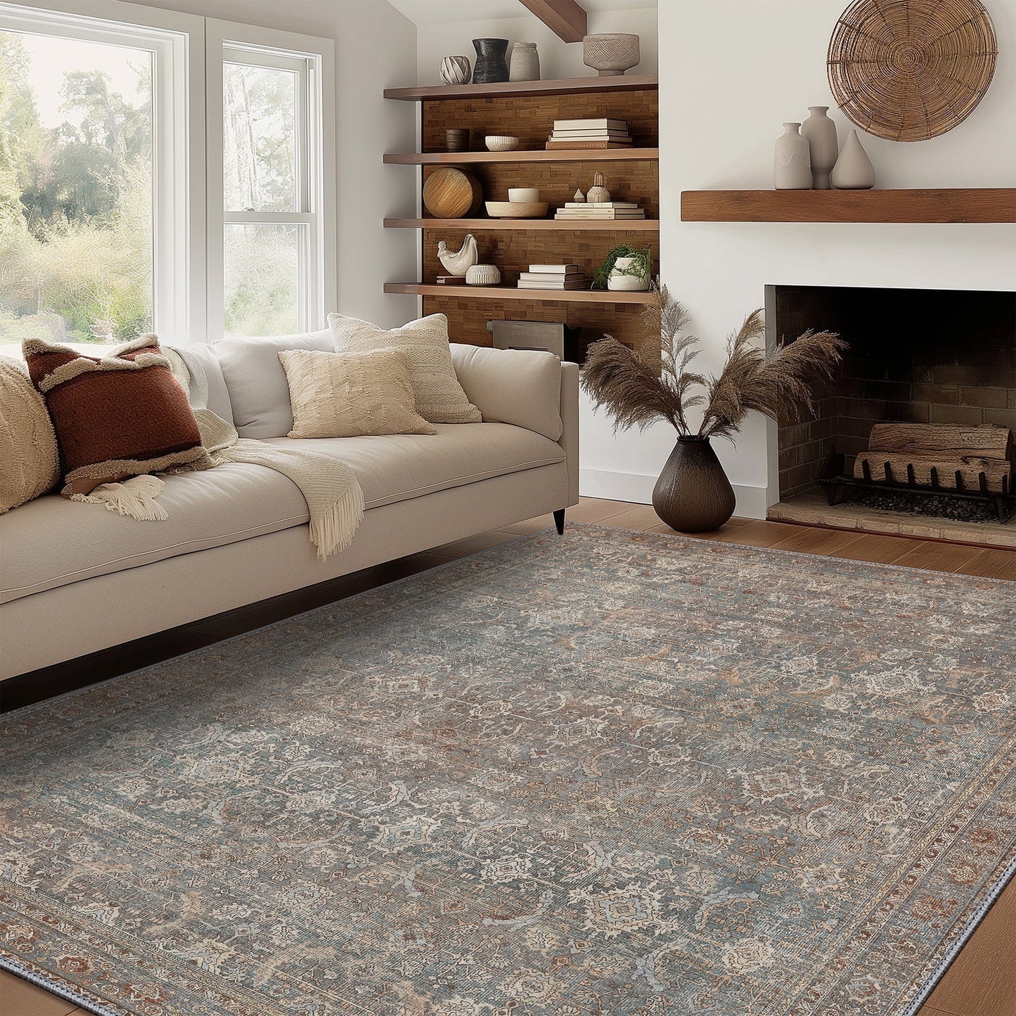 KUETH 8'x10' Area Rugs for Living Room, Non Slip Machine Washable Vintage Indoor Rug, Ultra Thin Chenille Print Rug for Bedroom Dining Room Home Office