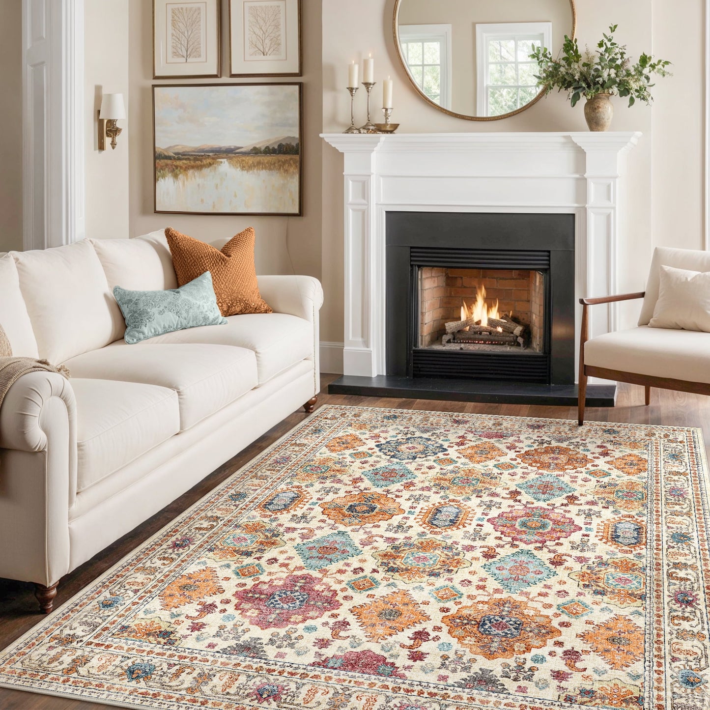 KUETH 8'x10' Area Rugs for Living Room, Non Slip Machine Washable Vintage Indoor Rug, Ultra Thin Chenille Print Rug for Bedroom Dining Room Home Office