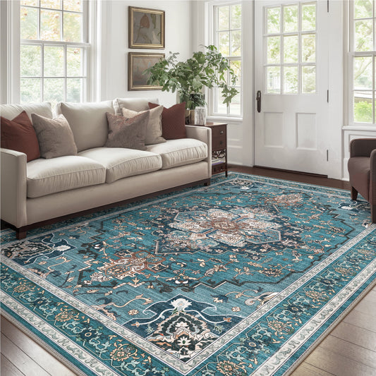KUETH 8'x10' Area Rugs for Living Room, Non Slip Machine Washable Vintage Indoor Rug, Low Pile Print Rug for Bedroom Dining Room Home Office