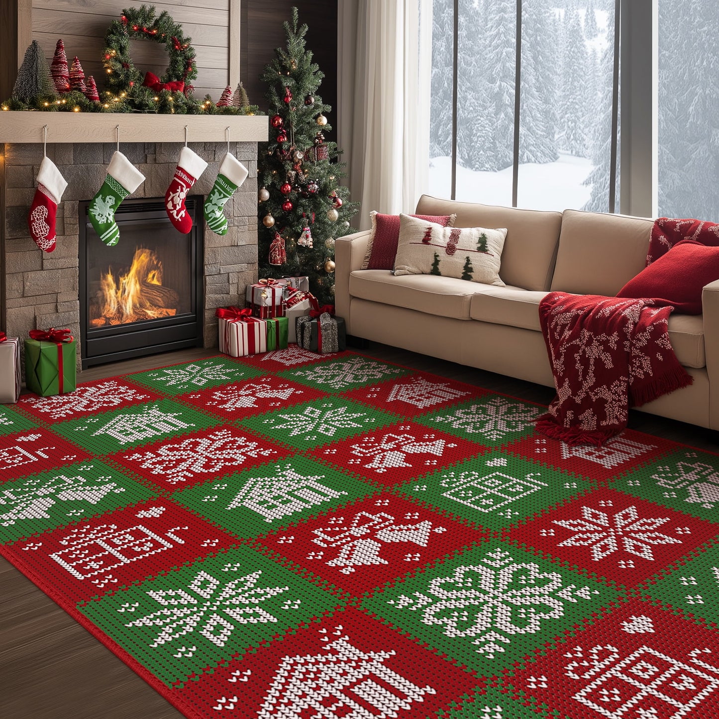 KUETH 8X10 Area Rugs Christmas Rug, Machine Washable Rug, Area Rugs for Livingroom, Printed Christmas Decor,Ultra-thin Non Slip Rug, Low Pile for Bedroom, Kitchen, Dinning room
