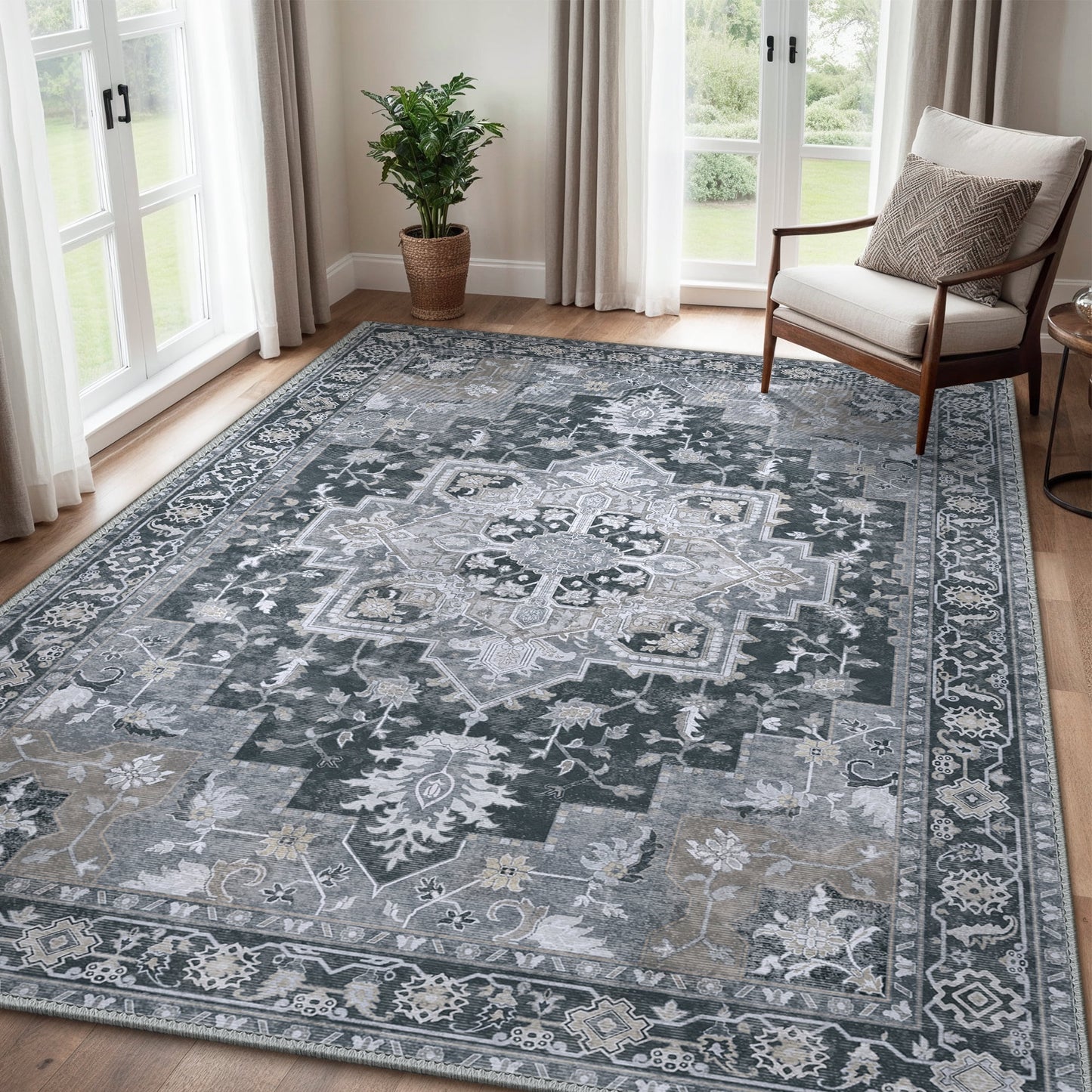 KUETH 8X10 Area Rugs for Living Room, Non Slip Machine Washable Retro Rugs, Ultra-thin Print Rug for Bedroom, Dining Room, Home Office.