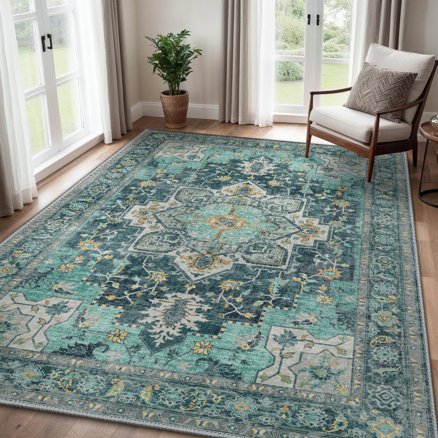 KUETH 8X10 Area Rugs for Living Room, Non Slip Machine Washable Retro Rugs, Ultra-thin Print Rug for Bedroom, Dining Room, Home Office.