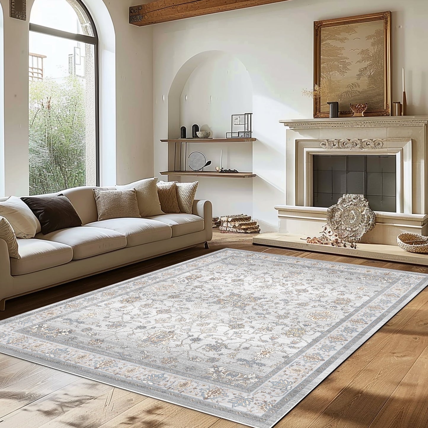 KUETH 8x10 Area Rugs for Bedroom Living Room, Machine Washable Print Soft Floor Cover, Vintage Stain Resistant Aesthetic Apricot Carpet, Medium Pile Mat with Non Slip Rubber Backing