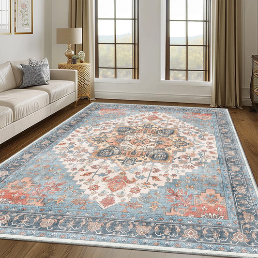 KUETH 8x10 Area Rugs for Living Room Bedroom, Machine Washable Rug Stain Resistant Non-Shed Carpet, Low Pile Mat with Non Slip Backing